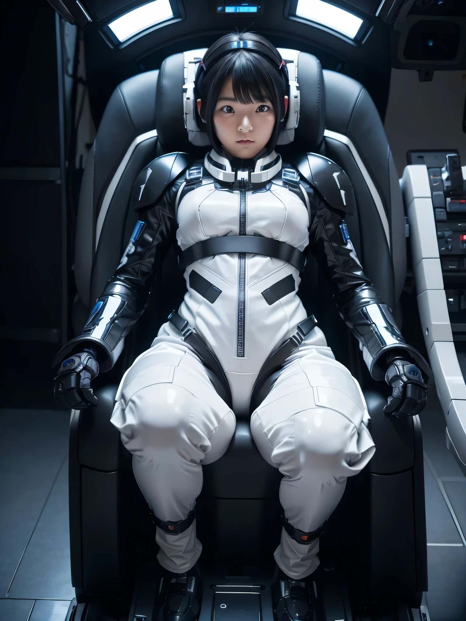 Japanese female android,Black Hair,The spaceship's cockpit,Secured to the seat with a thick harness,Plump,Slightly thicker,Squat,White robot suit,There is a control panel on the chest.,Surrounded by machines,