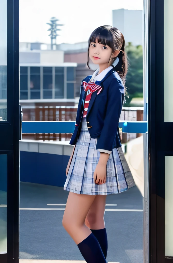 Beautiful girls、Navy blue blazer uniform、Black-haired、School、evening、14 Talents、Red ribbon on chest,Japanese,looking at the camera,