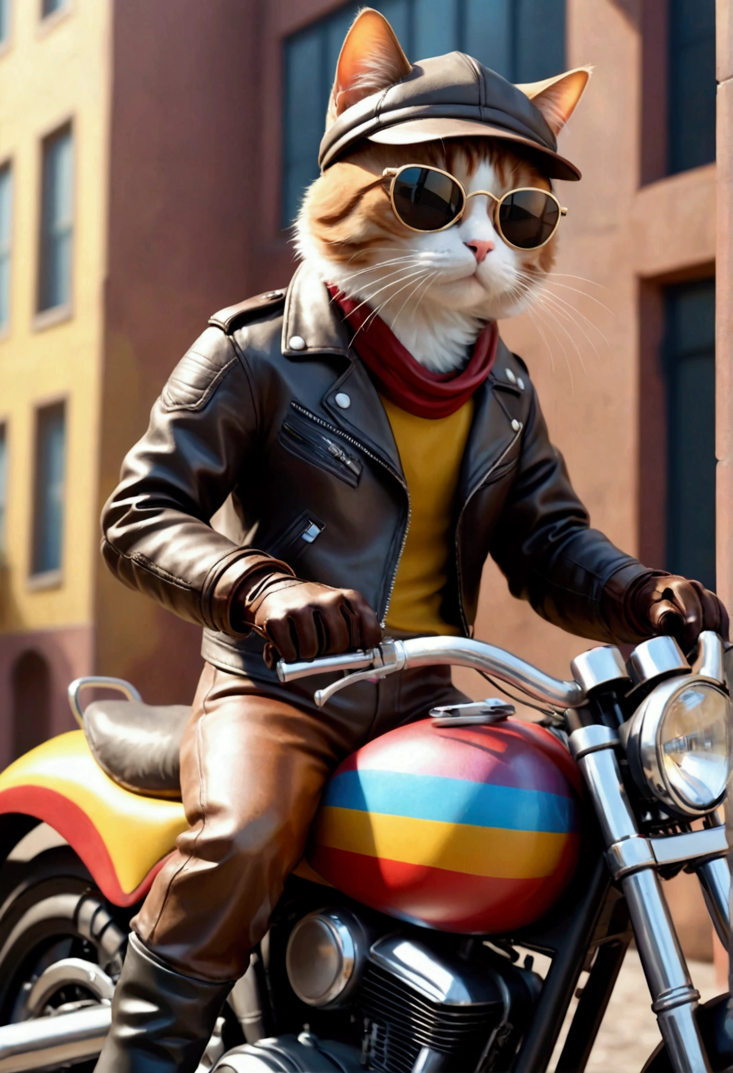 (anatomically perfect) sweeter, detailed cat on a cartoon motorcycle(Bright and clear), High-tech hat with sunglasses on the side, Wears a brown leather jacket and a colorful leather overall, Leather gloves, black boots, Waldstadt, (Waldthema), (​masterpiece, best quality, 8k, keen focus, Writing depth, The best shadow, perfect light, High Dynamic Range, realistic skin texture, super detailed background), wide-angle lens