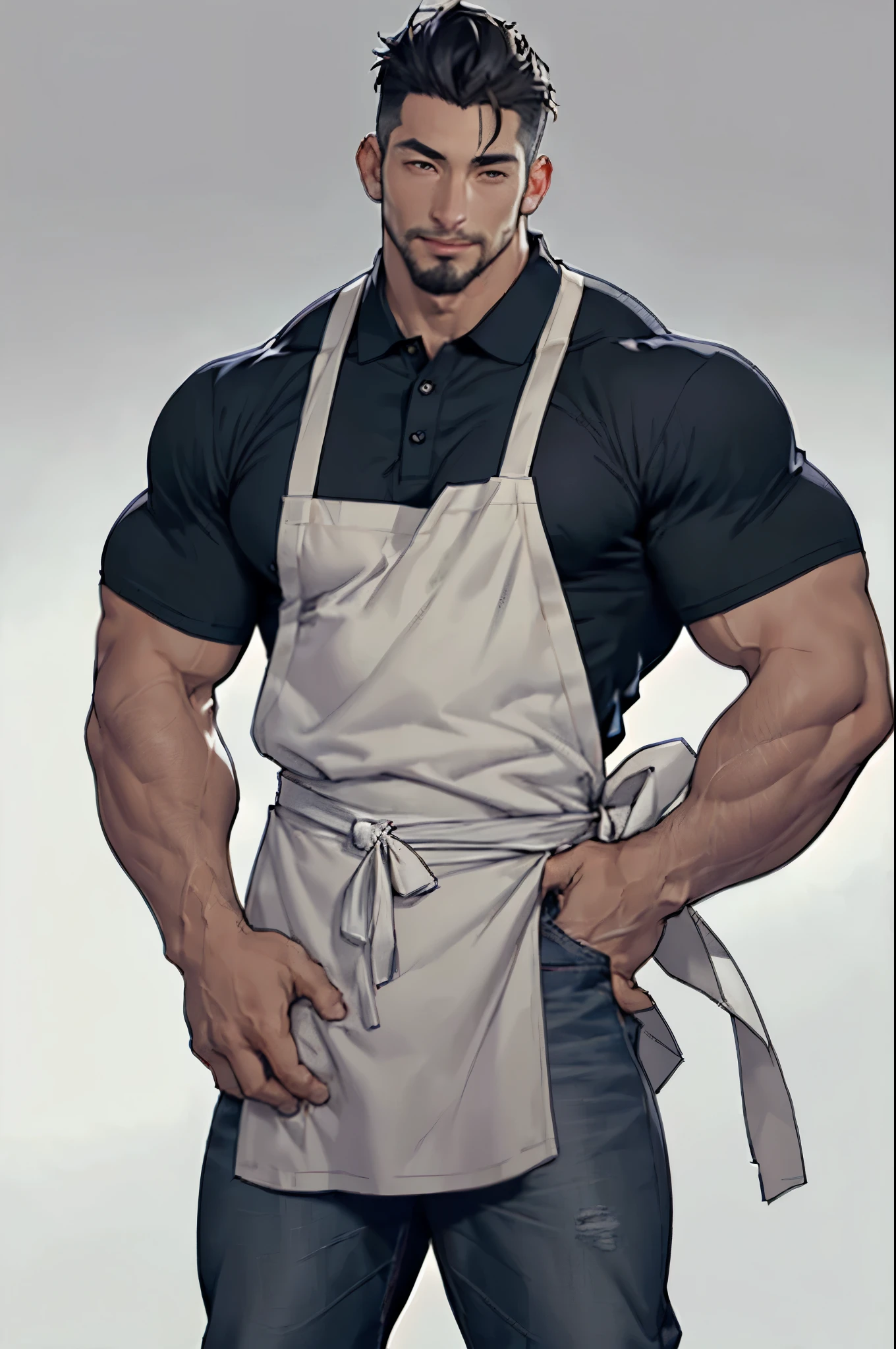 Create an image of a 30-year-old man, tall and muscular, wearing a long white sushi chef apron that fits in a sensual way, highlighting the body and groin. Under the apron, he wears a fitted polo shirt and gray jeans that accentuate his thighs and the bulge in his hips. His appearance is Latin-Asian, with a goatee that complements his strong jawline. He has dark, almond-shaped eyes, like those of Ezra Miller, and black hair, curto e espetado. in different poses, He crosses his arms, rest one hand on your hip, or put your hands in your apron pockets. The background is gray and smooth, with soft lighting that highlights your physique and realistic details. His direct gaze creates an intense connection with the viewer..

