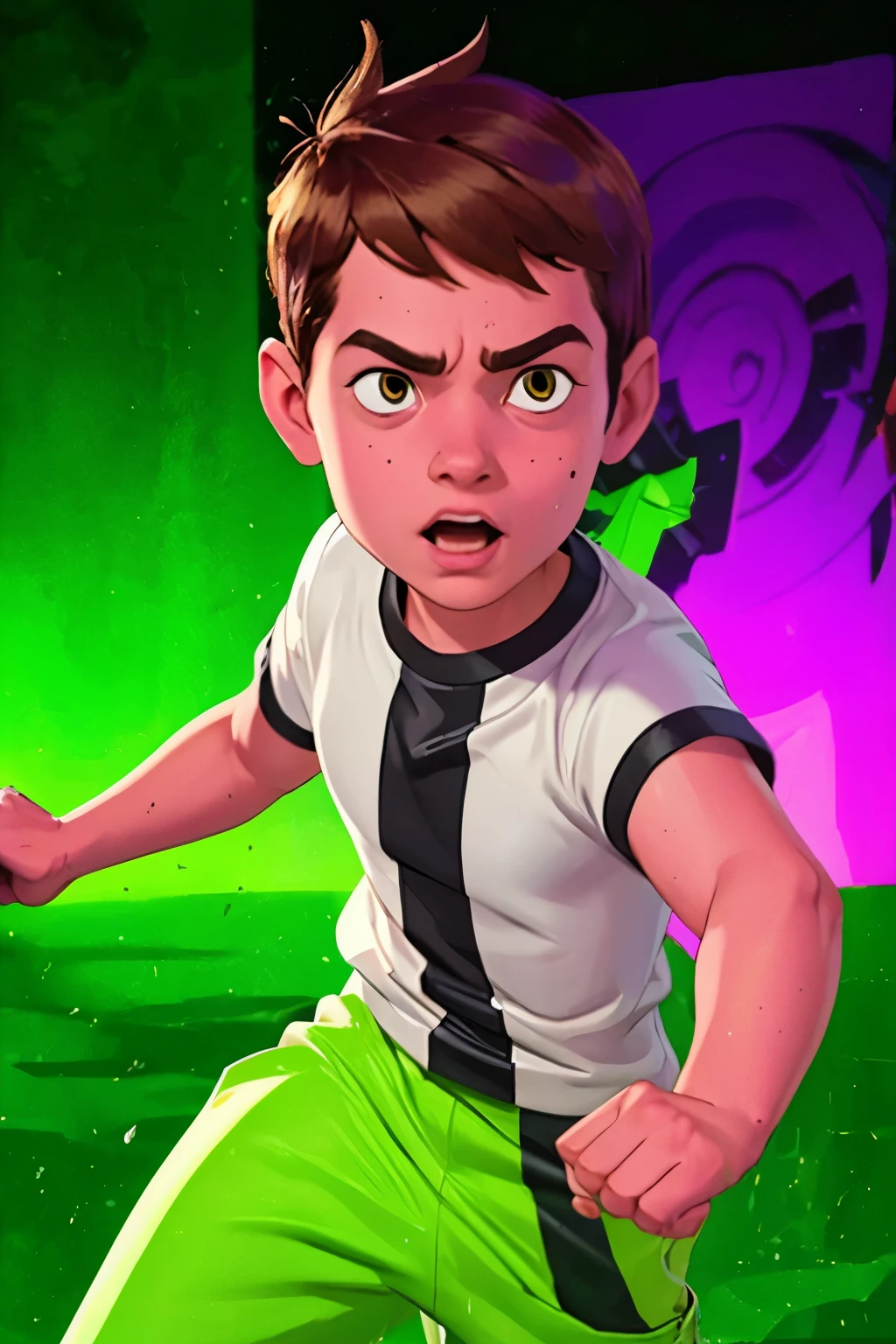 Movie poster, Ben 10 (((A child, *** ))), brown eyes, (((wearing a white outfit with black stripe in the center, green large pants))) , showing fist. (Omnitrix on arm)) . (Action facial expression ) . highy detailed, face detailed, realisitic, cinematic lighting, studio quality, proffesional, face detailed, intrikate, bright coloured. ((abstract lighting background)).