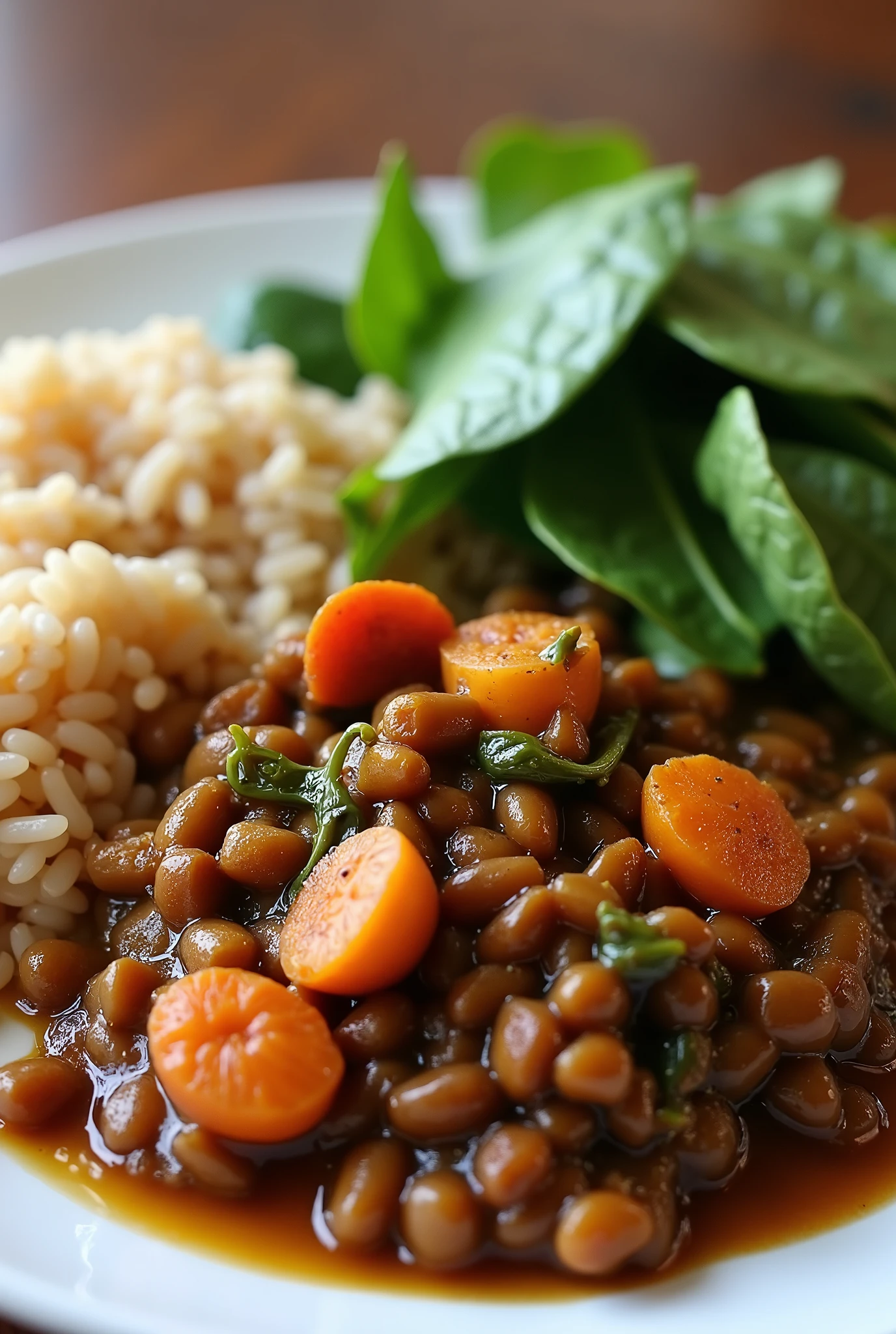 Create a dish with Stewed Lentils with Brown Rice and Spinach Salad