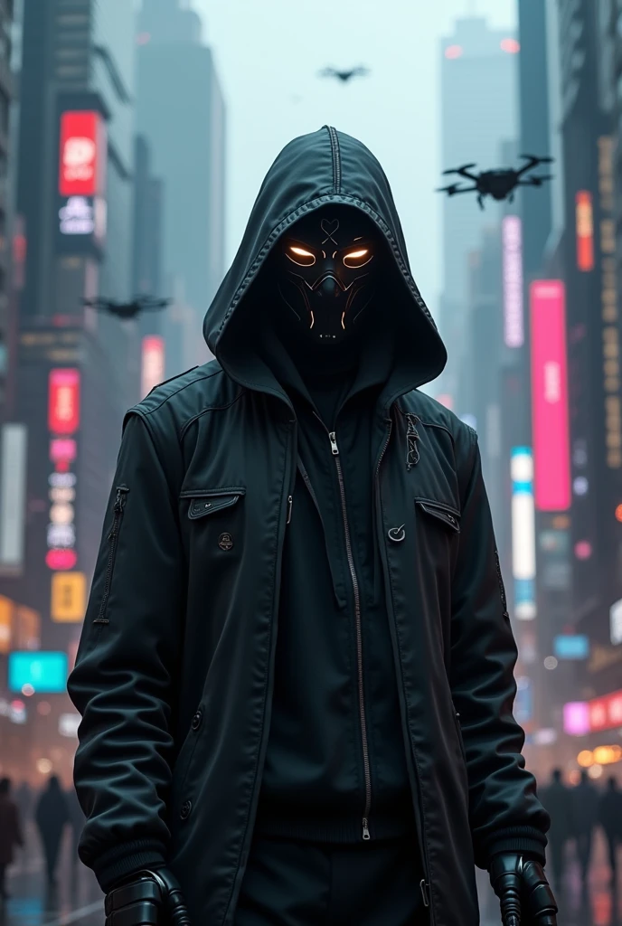A realistic cypherpunk character standing in front of a sprawling futuristic city at night. The character is wearing a dark, high-tech hooded cloak that obscures part of their face, giving them a mysterious and enigmatic appearance. The cloak is made of advanced materials with subtle glowing lines and circuits. Their face is partially covered by a sleek, minimalistic mask with glowing digital eyes. The city in the background is filled with towering skyscrapers, neon lights, and holographic advertisements, reflecting a cyberpunk aesthetic. The streets below are bustling with activity, featuring flying cars and pedestrians, while the sky is filled with drones and digital billboards. The overall atmosphere is dark, moody, and intense, highlighting the character's role in this high-tech dystopian world.