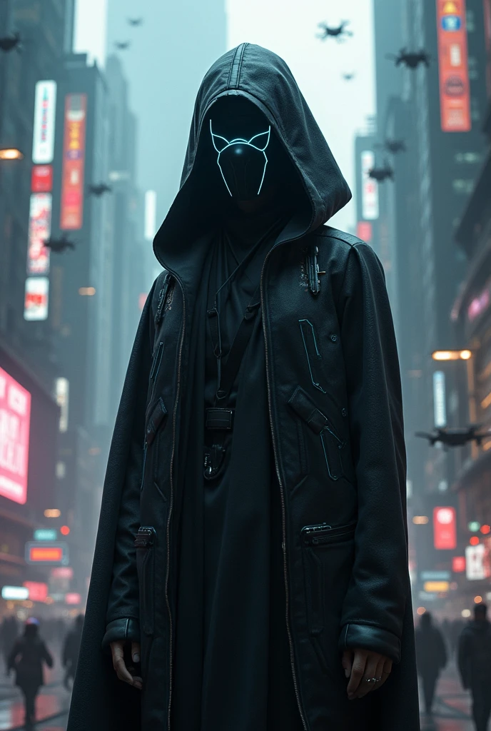 A realistic cypherpunk character standing in front of a sprawling futuristic city at night. The character is wearing a dark, high-tech hooded cloak that obscures part of their face, giving them a mysterious and enigmatic appearance. The cloak is made of advanced materials with subtle glowing lines and circuits. Their face is partially covered by a sleek, minimalistic mask with glowing digital eyes. The city in the background is filled with towering skyscrapers, neon lights, and holographic advertisements, reflecting a cyberpunk aesthetic. The streets below are bustling with activity, featuring flying cars and pedestrians, while the sky is filled with drones and digital billboards. The overall atmosphere is dark, moody, and intense, highlighting the character's role in this high-tech dystopian world.