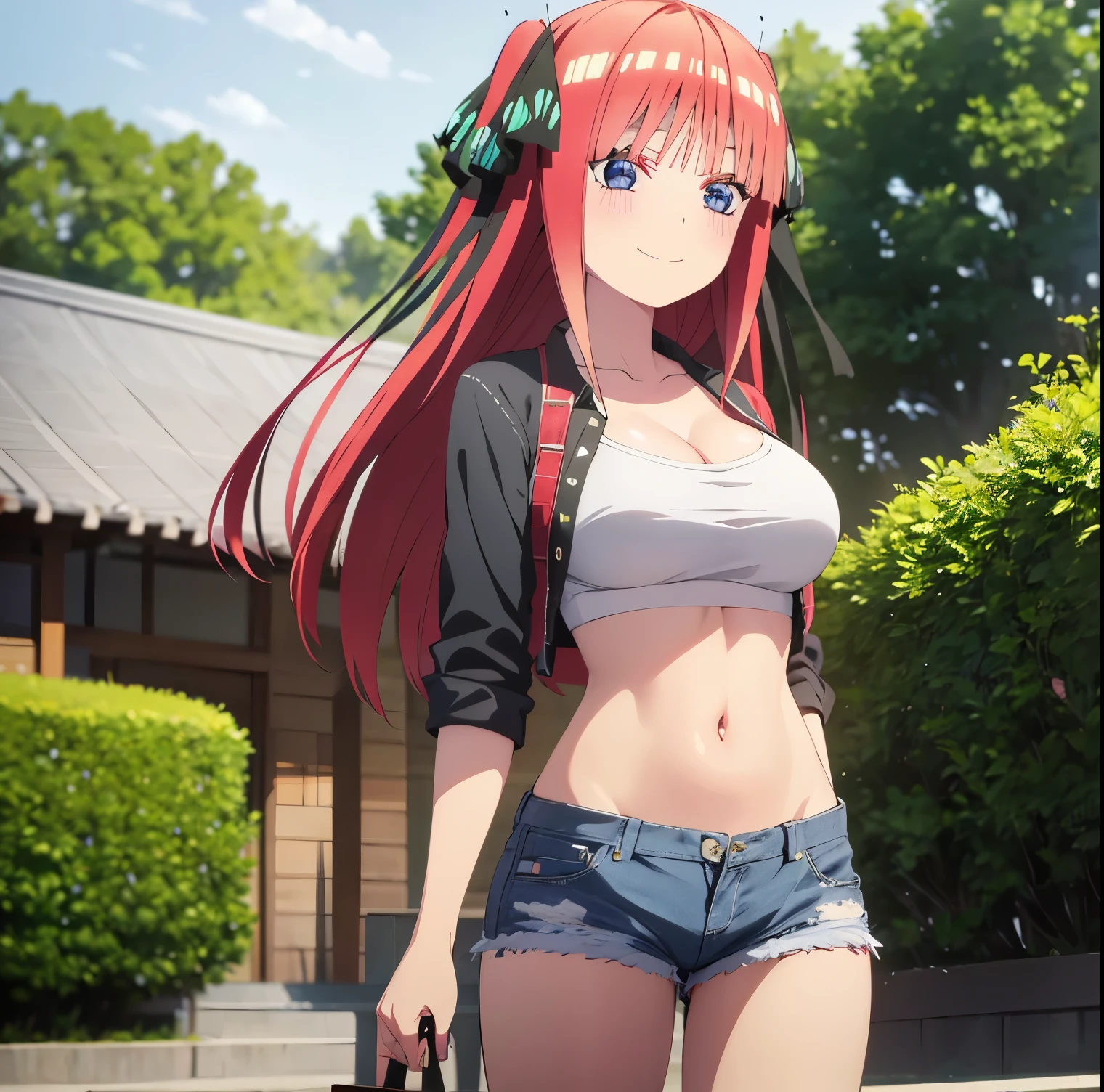 2d, masterpiece, best quality, anime, highly detailed, 1girl, solo, cowboy shot, nakano nino, pink hair, butterfly hair ornament, crop top , cleavage, Denim shorts , medium breasts, standing, school, outdoors, smile