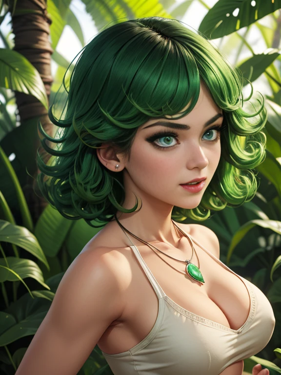  1girl, alone, Tatsumaki, Digital art, Tatsumaki, sexy,green hair, short hair, curly hair, perfect eyes, green eyes, bone necklace, Detailed clothes, masterpiece, symmetrical, excited face, meduim breasts, medium thigh medium waist, wide hips, Jungle, front View, Bokeh, 4K Masterpiece, HDR