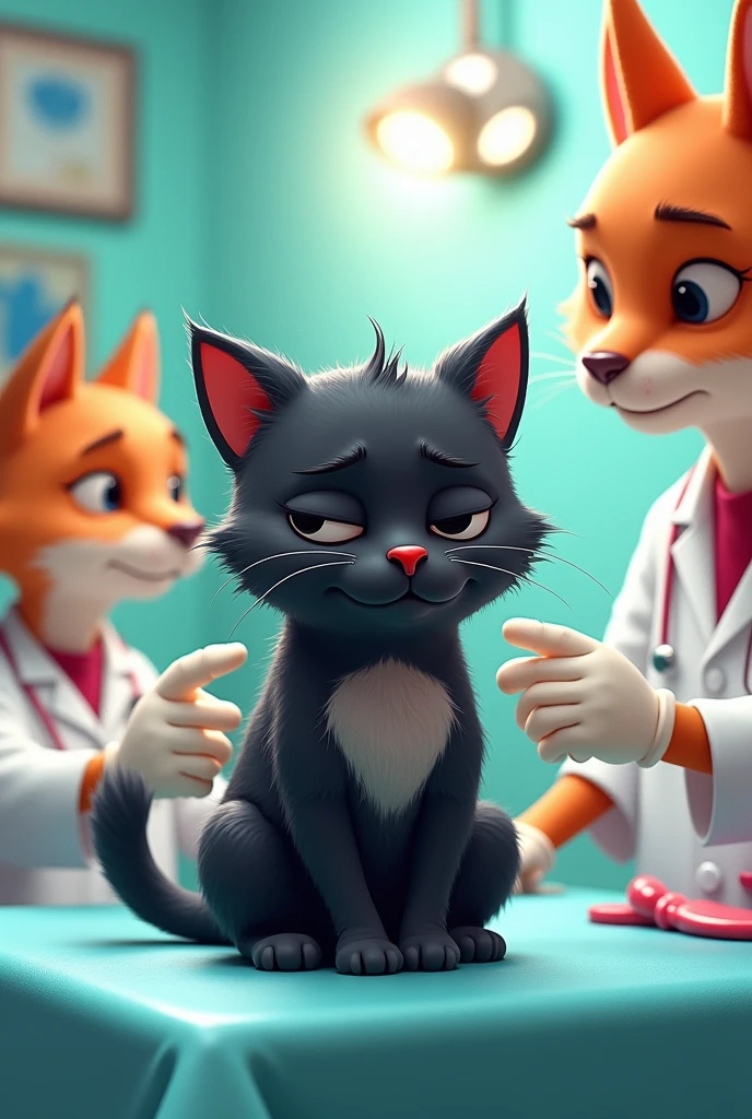 A cat are sick,  and a black.cat are treatment  them  ( cartoon)