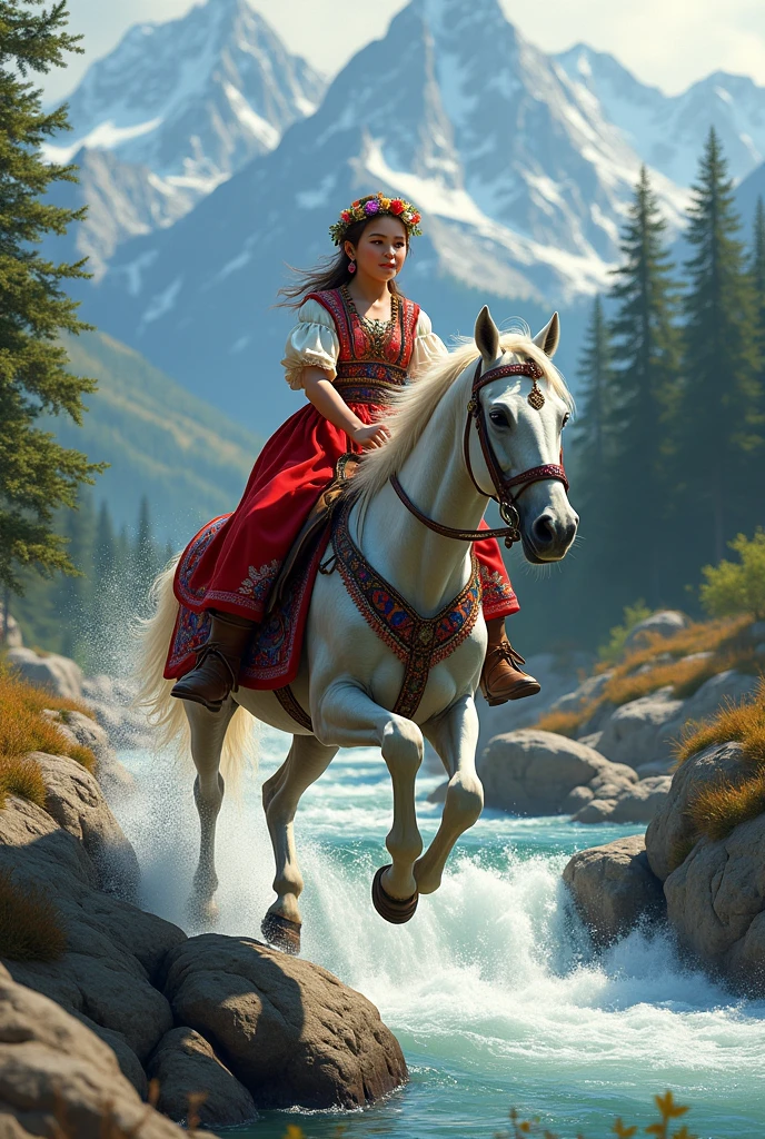 best quality, ultra detail, wallpaper, super high resolution, Realism, top view, both rocks are visible, a cheerful
Slavic woman
girl of 20 years old, Slavic Christian bright multi-colored clothes embroidered shirt of 1880, the horse carried her and jumps from the highest rock to another rock on the other bank,
a wreath of flowers in her hair, earrings and a chain, boots in the stirrup, the horse's coat is dapple, the background is a pine forest, a river, mountains in the snow