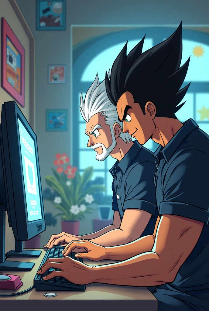 two adult brothers but with different appearances, dragon ball style with pokémon, but one white brother only has a mustache and the other has a close beard and is brown with dark clothes using a computer, also inserting computing and windows , have computer science in the background