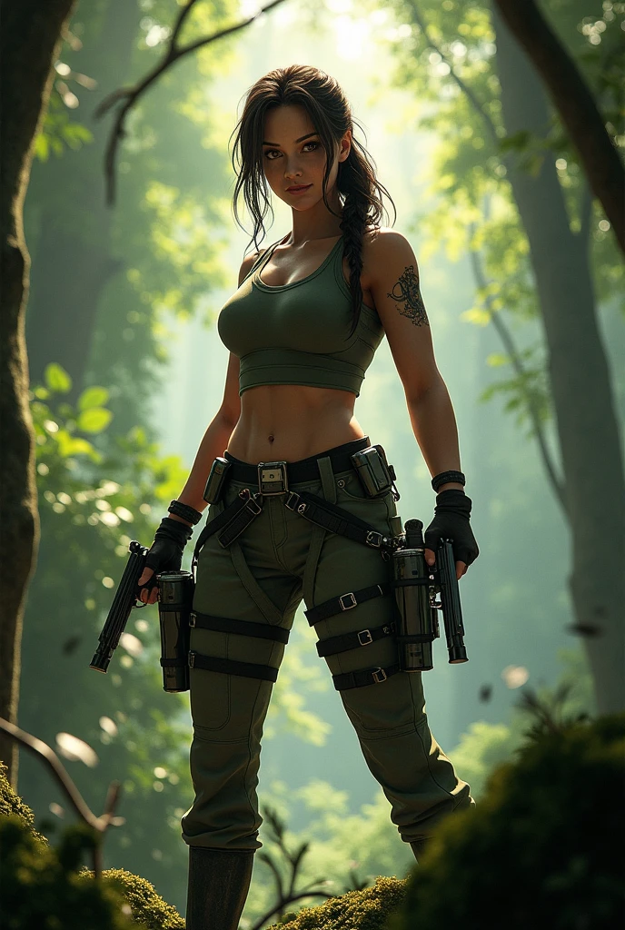 Lara croft in the forest with her weapons.