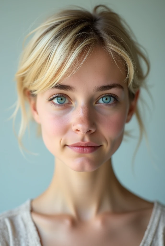 Best Quality: 1.0), (super high resolution: 1.0), blonde girl, real short hair, blue eyes, Photo taken from the front in 4k quality, with uncovered face, realist