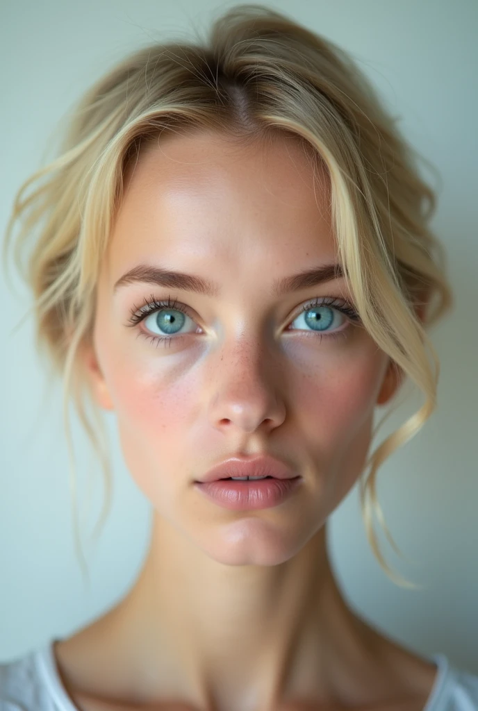 Best Quality: 1.0), (super high resolution: 1.0), blonde girl, real short hair, blue eyes, Photo taken from the front in 4k quality, with uncovered face, realist