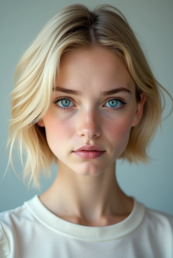 Best Quality: 1.0), (super high resolution: 1.0), blonde girl, real short hair, blue eyes, Photo taken from the front in 4k quality, with uncovered face, realist