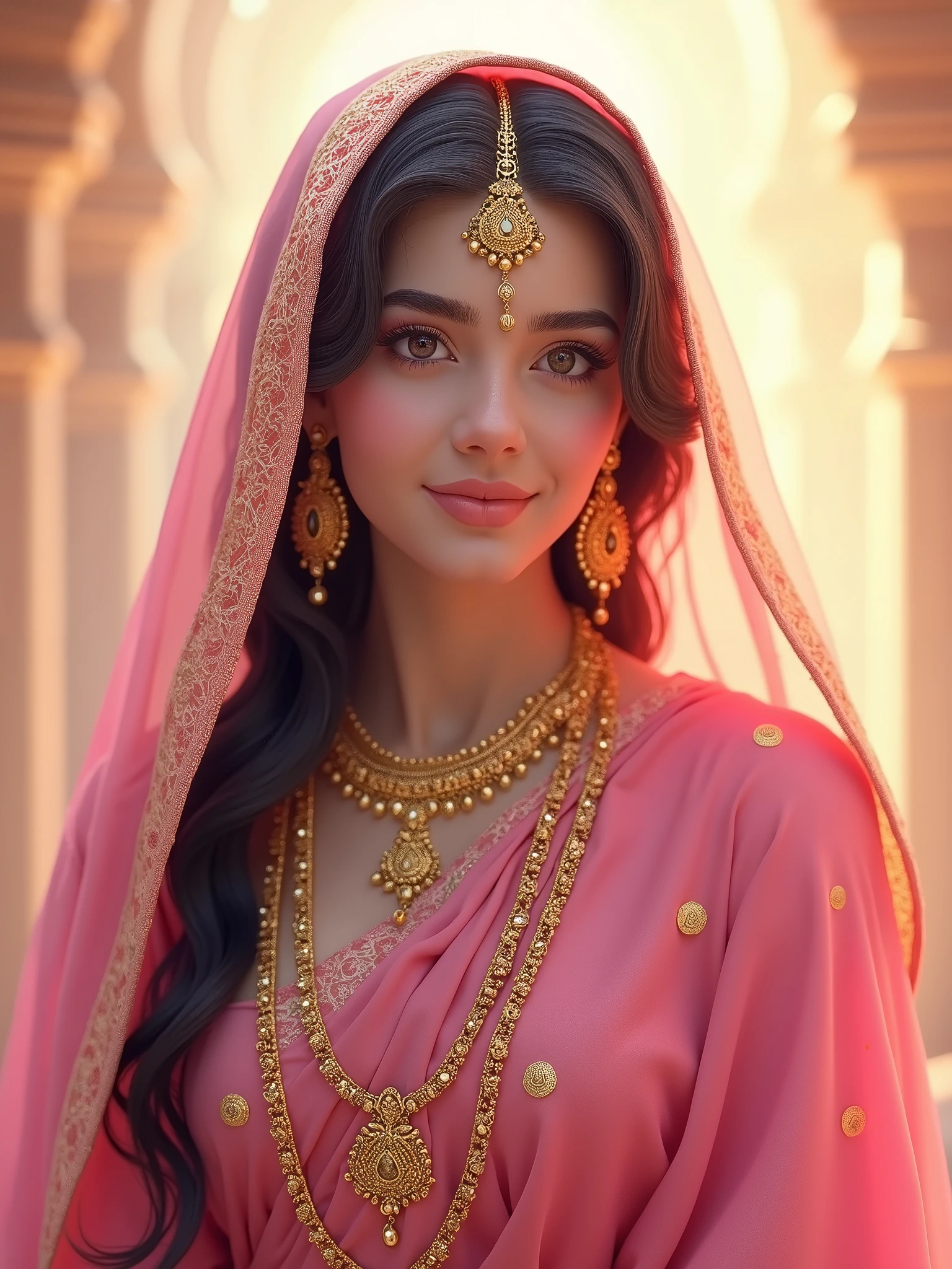 Radha mata Ji ka image unke kapde pink color Ke Hain Jewellers golden muskurate Hue padi hai full image quality 4K 8k mid journey