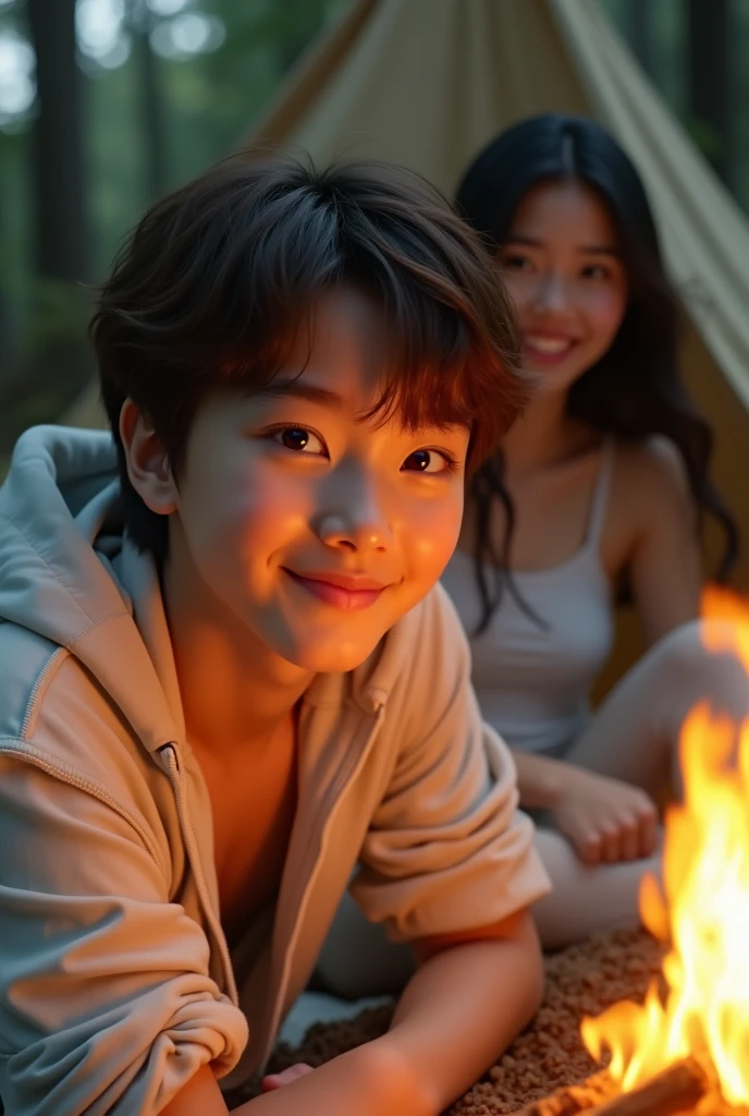 wear glasses, Japanese model, full body,wear glasses, cute smile, Ravier, the dazzling young idol, Yasumotooka, Genuine gravure idol boy, sexy,((Beautiful skin)),((skin texture)),((Real Touch)), healthy, Skin is not red, Cute freckles on the cheeks,Mole under left eye,Forward Leaning,Observe the audience,Campers, In the forest in the evening, Campfire, Beside the tent, woman, black hair, white skin, Wearing thin white pajamas, Superb details face,Casual hair:1.2, delicate eyes, Double eyelids, realistic, brown eyes, High quality, Very realistic, happiness, Masterpiece, High qualityสุด, Superb details, cheerful, happiness, shadow, skin texture Film Grain:1.3, Warm colors, Warm colors:1.2, close up, Ultra high resolution, Kodak Vision 3, natural eyes, High qualityสุด,8ก,Masterpiece:1.3,full body,on the bed