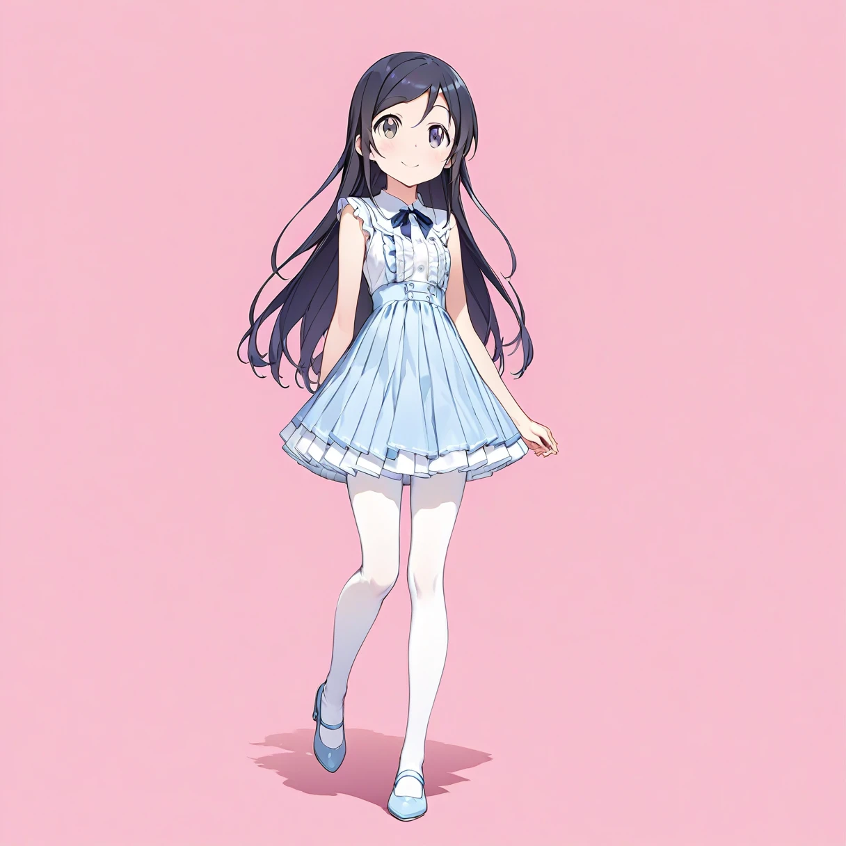 (Full Body Shot:1.6), (walking), 
(masterpiece), (Highest quality), (High resolution), (Very detailed), (Best illustrations), Best Shadow, (so beautiful:0.9), (very cute), 

(Aragaki Ayase),  girl, 
Dark brown hair, Long Hair, amount, Hair Clip, Brown eyes, 
smile, Shyness, Pitiful, 
Small breasts, Round Breasts, Iris, round face, 

Perfect limbs, Perfect Anatomy, Thin legs, Five perfect fingers, Big eyes, Iris, (slender), Tight waist, 
Delicate and smooth skin, Beautiful Skin, Textured skin, Attractive body, 
smile, 恥ずかしそうなsmile, 
 
(White and blue girly dress), Frills, ribbon, (Blue tie), (A transparent white shirt), (Blue and white checkered pleated skirt), 
White cotton socks,(White Pantyhose), Knee-high socks, Blue heels, 

White back curtain, 
(Pink Background:2.2), (A pink studio), 

(from the front), 