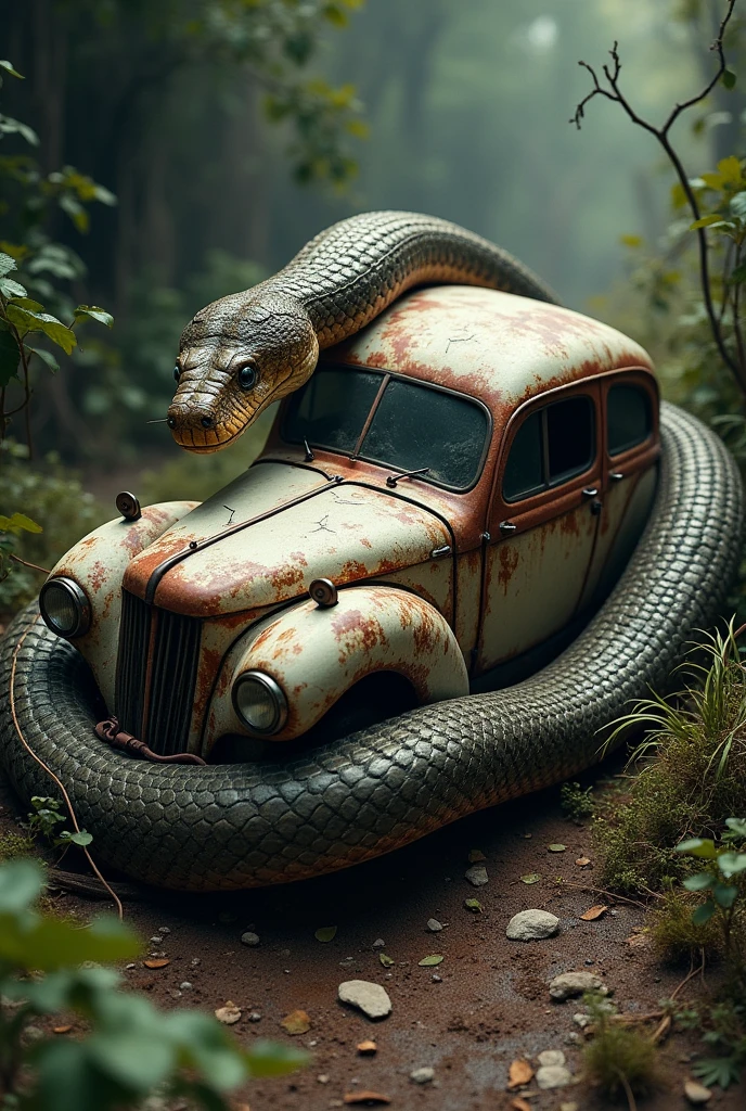 a rusty old car surrounded by a giant python