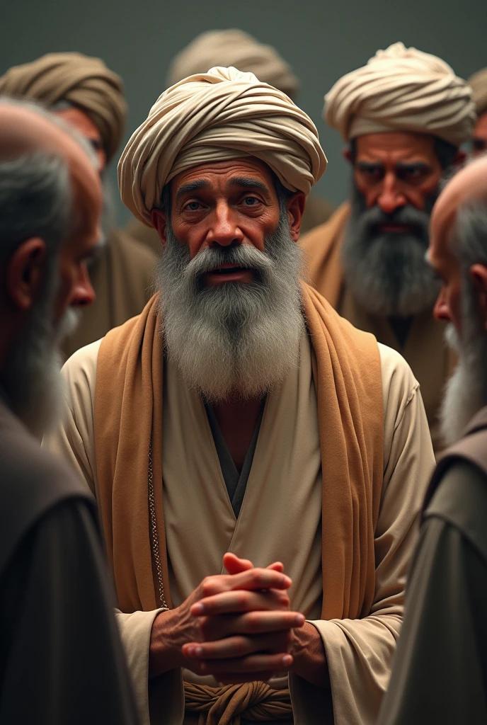 Illustration of a man wearing a robe wearing a turban who speaks softly, expressing longing and love for people who have not yet been born, with a background of friends who shed tears, showing deep feelings of emotion and love. Realistic 3d