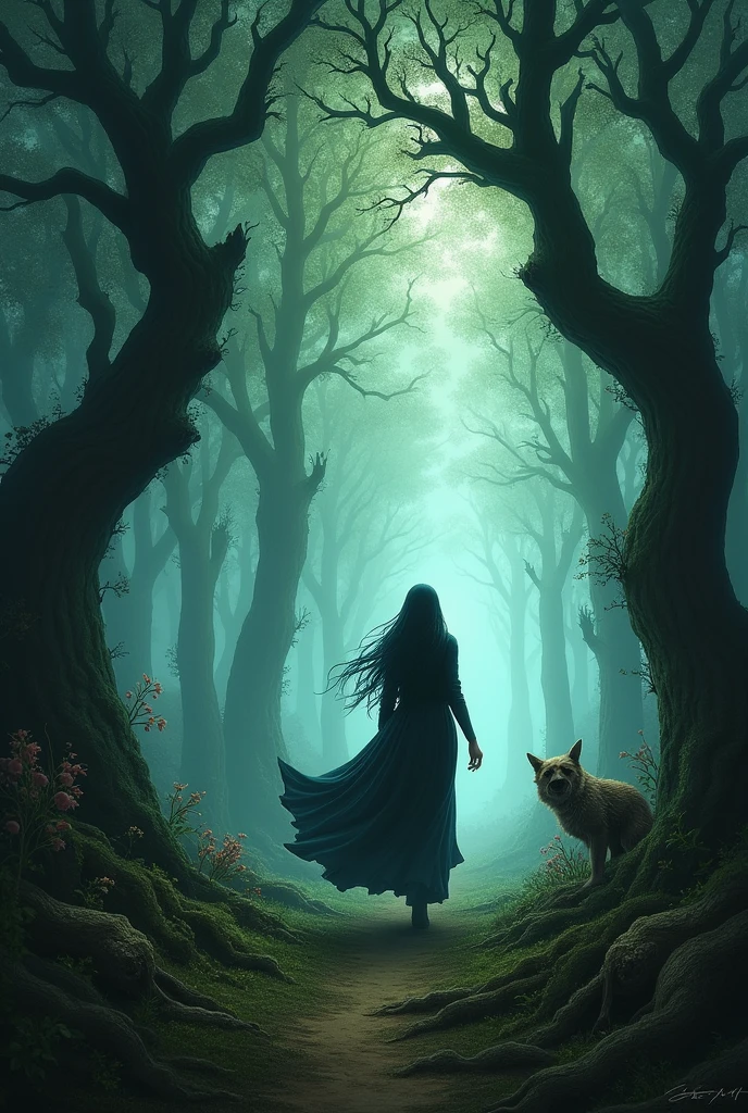 Depict Noor as she steps into a mystical, eerie forest. The towering trees are ancient and twisted, their branches casting strange shadows.