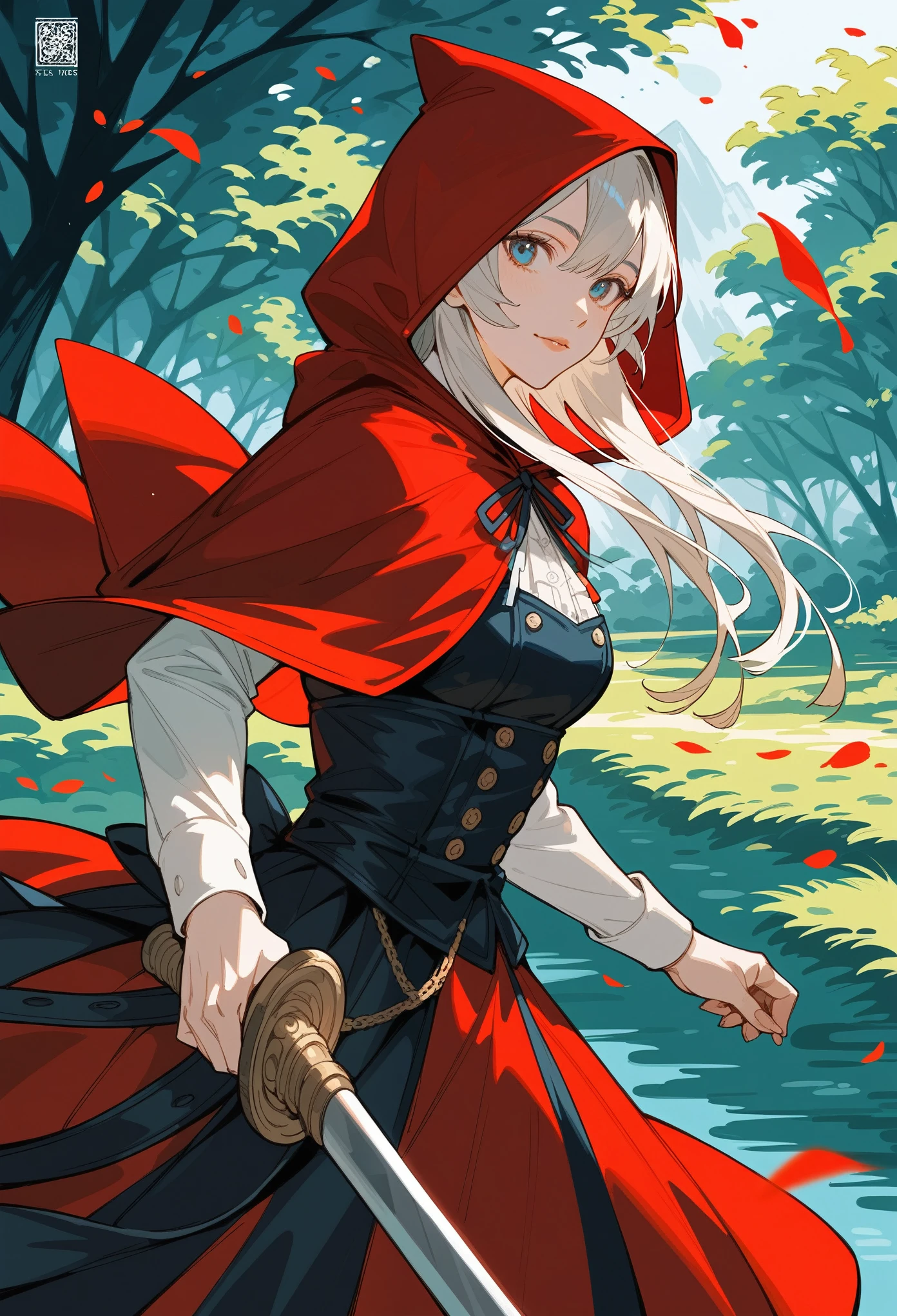 rating_safe, score_9, score_8_up, score_7_up, score_6_up, score_5_up, score_4_up, hires, highres, source_furry, cover page Design, story of Little Red Riding Hood, flat Design, vector illustrations, graphic illustration, detailed 2d illustration, flat illustration, digital illustration, digital artwork,