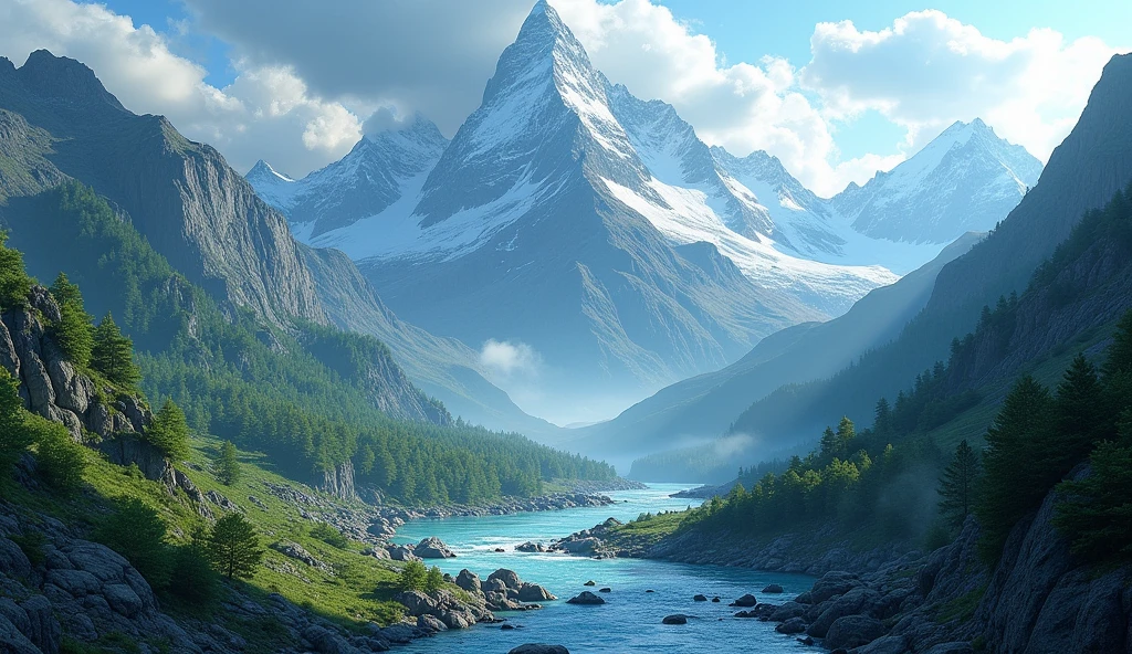 Mountains with many rivers between them(best quality,4K,8k,High level,masterpiece:1.2),Ultra Detailed,(lifelike,Photo real,Photo real:1.37)