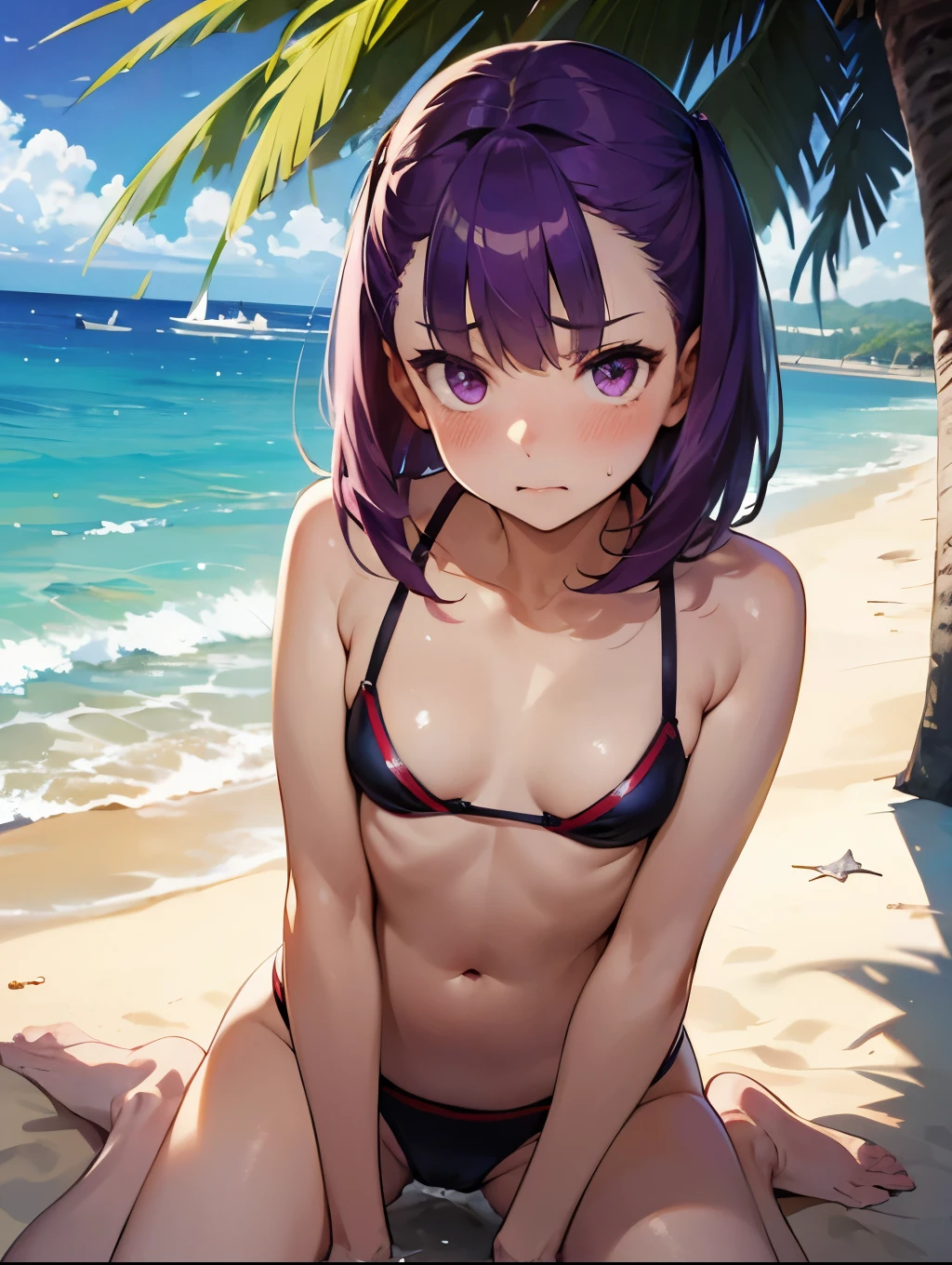 NSFW,masterpiece,Highest quality,High resolution,Very detailed,Helena Blavatsky\(Fate/grandorder\)、Purple Hair、short hair、（Purple eyes：1.1）,bikini,Small breasts,beach,Palm tree,Rock Shade,(Lustful face),(Frustrated face),Melted face,blush,(Young men),Put your hands on my waist and hold me close