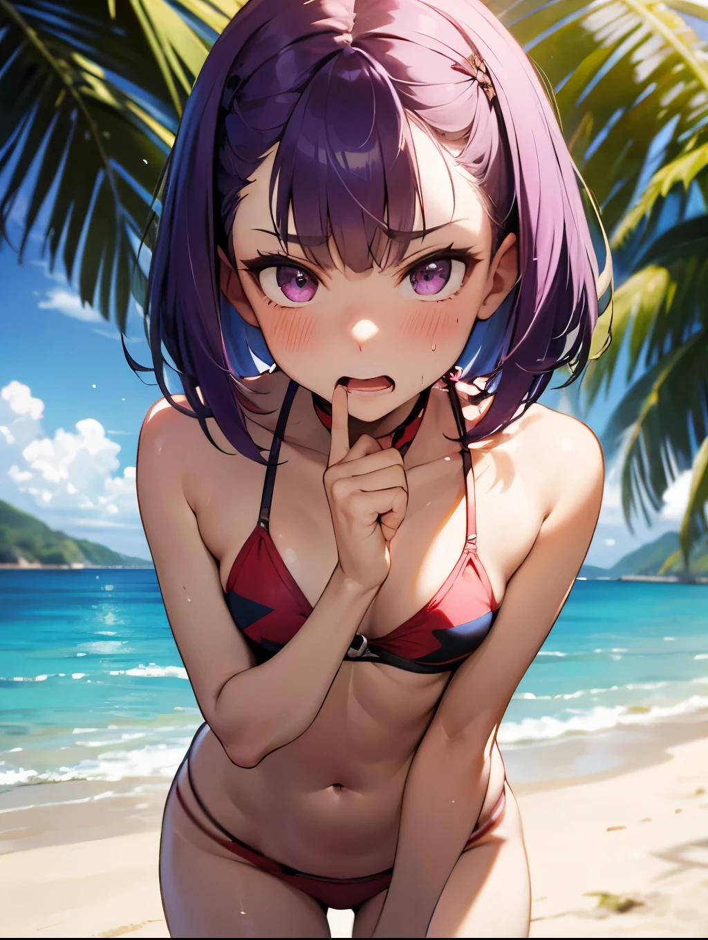 NSFW,masterpiece,Highest quality,High resolution,Very detailed,Helena Blavatsky\(Fate/grandorder\)、Purple Hair、short hair、(Purple eyes:1.1),bikini,Small breasts,beach,Palm tree,Rock Shade,(Lustful face),(Frustrated face),Melted face,blush,(Young men),Put your hands on my waist and hold me close
