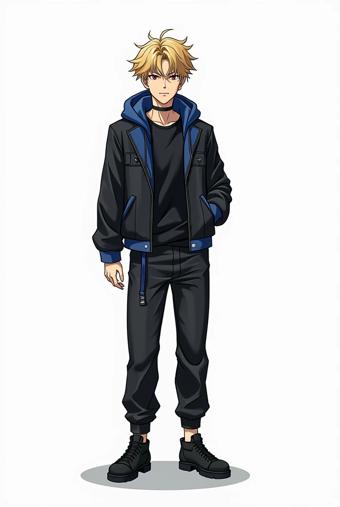 Jujutsu Kaisen, masculine, attractive, blonde hair, short and messy hair, eyes the color of honey, Black fitted buttoned leather jacket with blue fleece on the hood, black baggy pants, black shoes, bandage on one of his hands, superb smile, Whole body, white background, anime, 4k