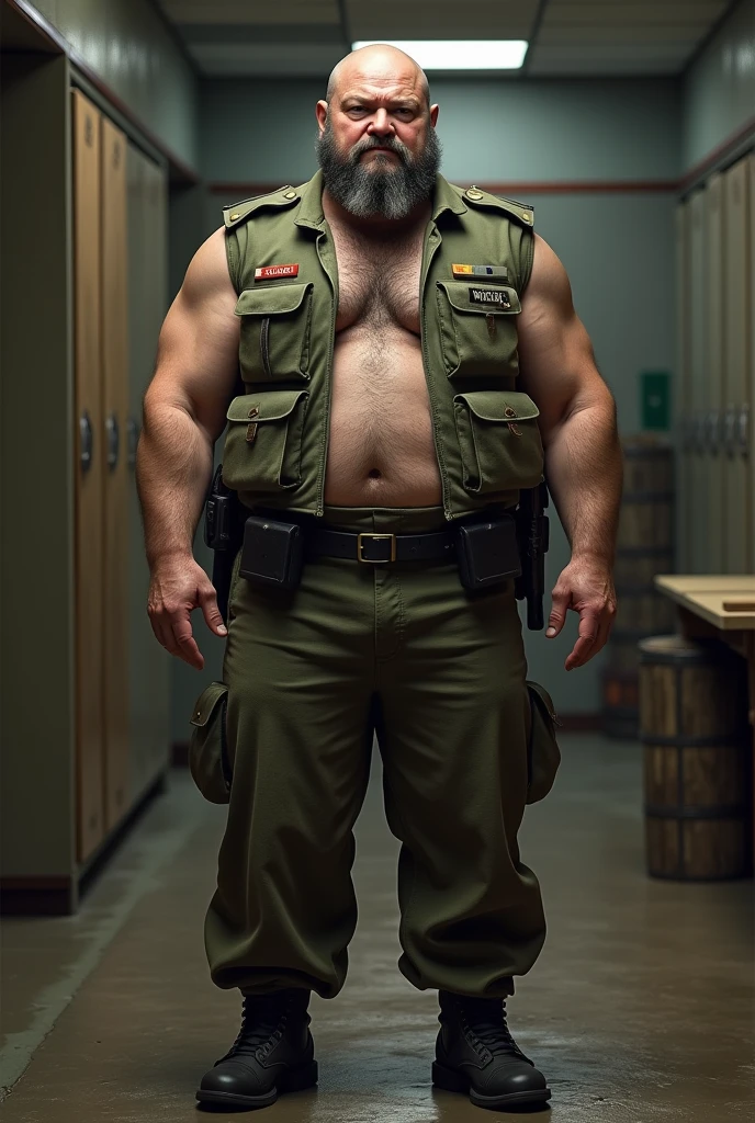 ultra realistic 8k, a 2 white man of Russian descent, ultra-reslist army major, sem beard. He has a lot of body hair(realistic ok). Physique corpulent and robust de 2,30 meters high(Realist 8K). He wears Brazilian army pants and a heavy vest.(detailed 8k) wearing no shirt .he is in a barracks.