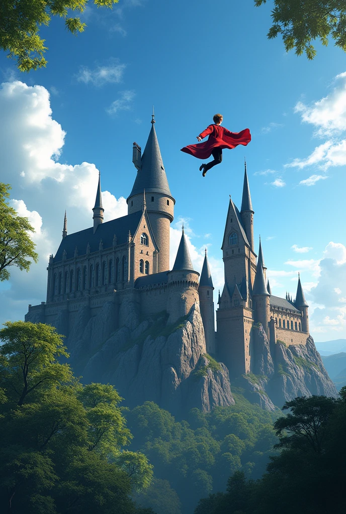 Big castle with blue sky with several trees and Harry Potter flying on a broomstick 