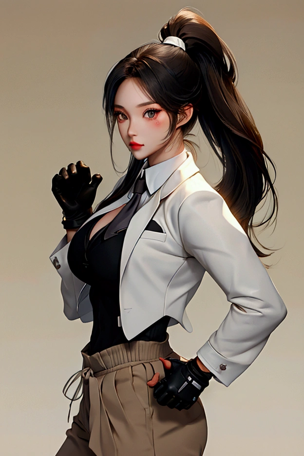 Eve, stellar blade, 8k,highres, 1girl, front lighting, simple background, gray background, looking at the viewer, fitted suit space, bodysuit, black hair and dark black hair, fringe, hair tied in ponytail style, video game, heels, gloves, ass, boobs, honey colored eyes, white skin, korean, small tie, makeup eyes, 3D
