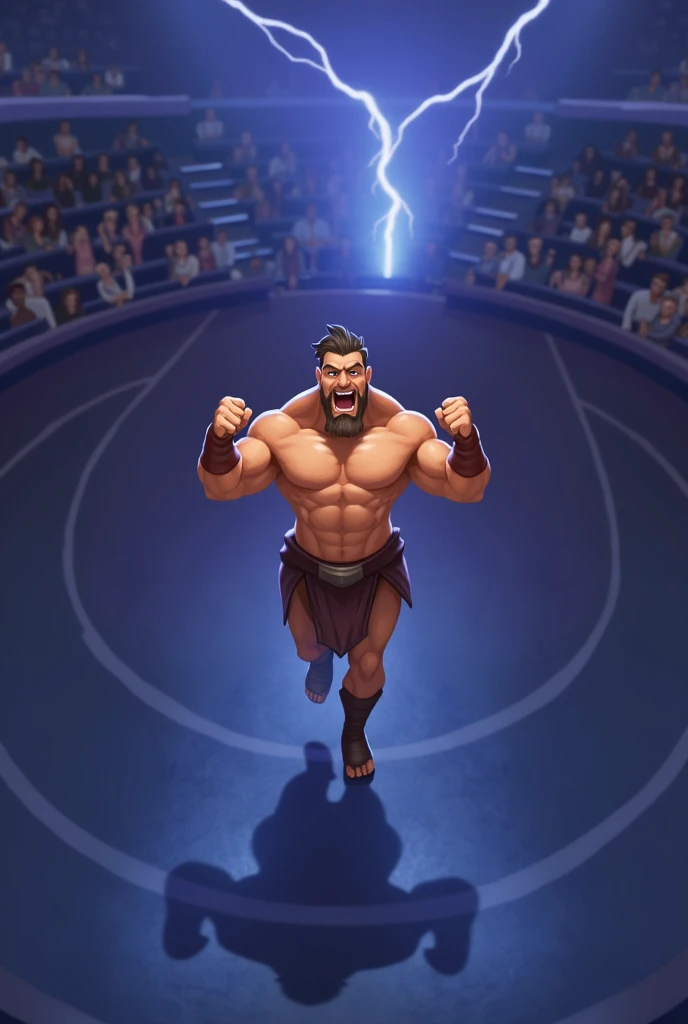 The arena falls silent as the mighty Ares steps forth, his muscular form casting an imposing shadow. His eyes burn with the intensity of a thousand battles as he scans the crowd, daring any challenger to face him. With a thunderous roar, he raises his fists, ready to unleash his fury upon any foolish enough to stand against him.