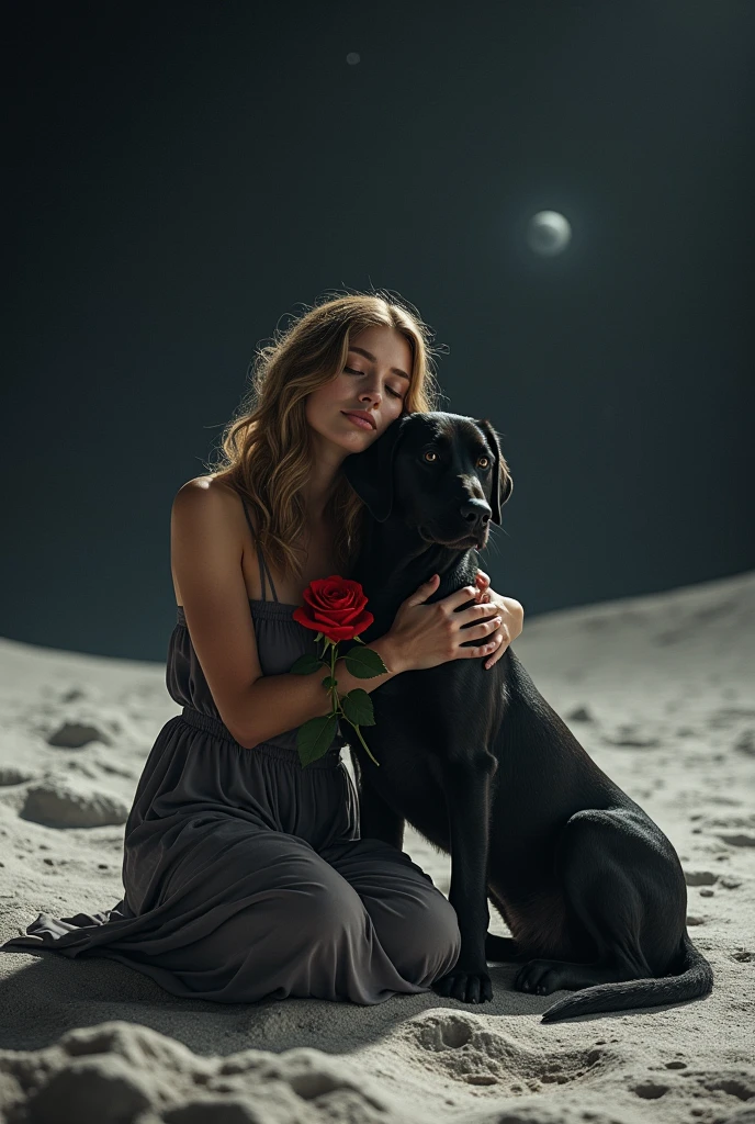 Tattoo ideas of a woman and her black labrador dog sitting on the moon hugging each other with a rose 