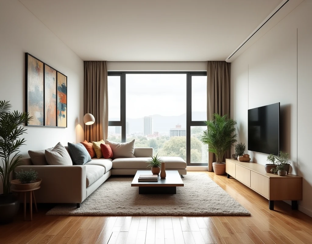 A modern apartment. Has a wide living room. There is TV, sofa, coffee table, and carpet. Interior design. Modern.