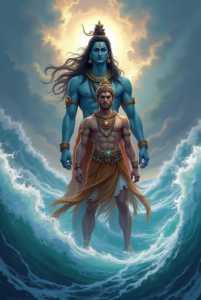 Lord shiva with lord hanuman wearing crown on ocean