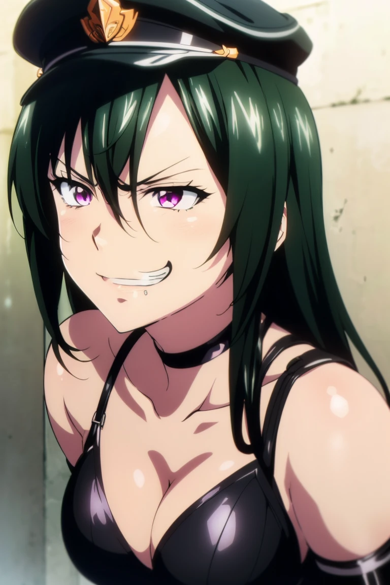 beautiful, masterpiece, ultra detailed, extremely detailed, ultra high res, 8k, beautiful detailed face, anime screencap, heart shaped face woman, (black hair:1.2), long hair, hair between eyes, large breasts, fearless face, sharp face, slant eyes, cat eyes, 170cm tall, adult, perfect proportion, (((black high-leg leotard, black clothes))), (((bare shoulder))), cleavage, (((thigh boots))), choker, (((military cap))), anime style, extremely ultra detailed beautiful face and eyes, front view, raw phot, incredibly absurdres, Beautiful portrait of cute anime girls, super fine illustration, full-hd, hdr, best aesthetic, distinct, exquisite, masterwork, by famous artist, highers, (((perfect anatomy))), mocking, (((rape face))), (((evil grin))), intense eyes, sadistic, gleaming skin, oil skin, slut face, full-face blush, smirking, mischievous grin, furrowed mouth, both legs, pouty lips, downturned corners, rosy hue, grin widely, cheeky smirk, (((bad-tempered glare))), gloating, crazy smile, scary face, cruel smile, fang, connected teeth,, (((elbow gloves))), (((big connected teeth)), glare, grimace, smirk, (((scowling face))), smile broadly, symmetrical eyes, even eyes, perfect eyes, (((squinting eyes))), deep detailed eyes, shiny clothes, 1girl, solo, smug, smile grimly, (((dimpled smile))), pink eyes, (((upper body shot and standing))), (((laugh))), (((pleasure face))), (((brutality face))), (((scary face))), (((fang))), super detailed skin, official art, production art, top quality, high quality, amazing quality, finely quality, fantastic, professional quality, perfect hands, perfect arms, both arms, two arms, both hands, two hands, cleavage cutout, bare collarbone, shiny hair, anime best girl, cel anime, bangs, spread back hair, adult face, light eyes, clear eyes, shiny eyes, 
