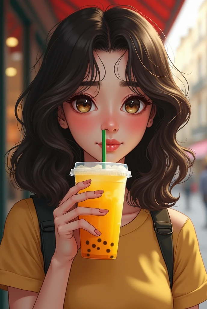 high resolution, masterpiece : 1,2), (realistic : 1,37), (best quality, high resolution, ultra-detailed girl, realistic) age girl with brown green eyes (noisettes) and very dark brown, wavy hair. Elle tient dans sa main un bubble tea jaune. On voit derrière elle des magasins mais il sont floutes. Sa peau est métis, elle habite en France elle n'est pas chinoise.