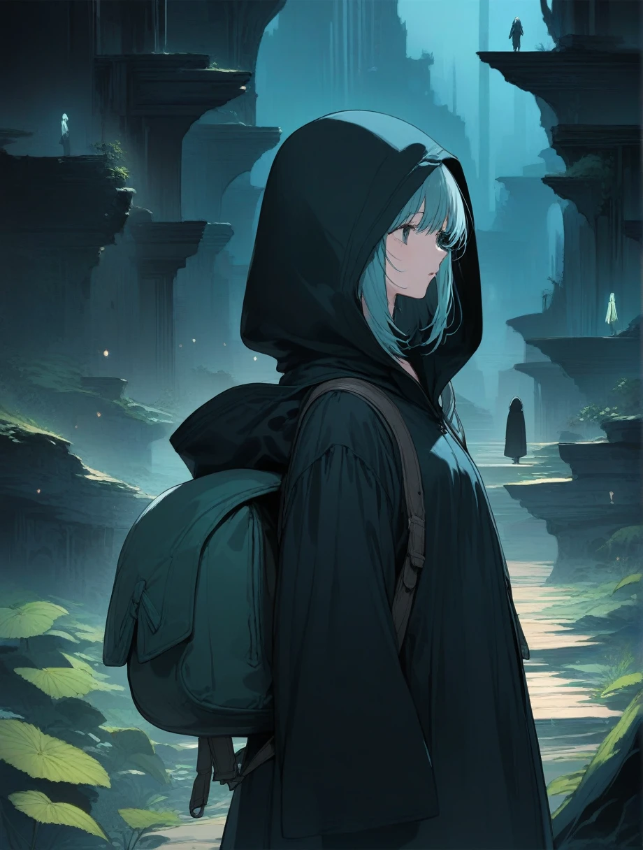 score_9, score_8_up, score_7_up, score_アニメ, masterpiece, best quality, delicate illustration, sharp line, sharp focus, BREAK,Traveler girl wandering in the ruins of endless night, the girl is wearing a hood, a lot of baggage in her backpack., night、City of the Future、Fantastic landscape、Beautiful Landscape、Harmony with Nature
