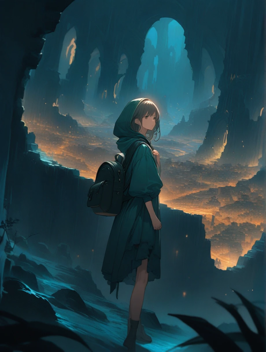 score_9, score_8_up, score_7_up, score_アニメ, masterpiece, best quality, delicate illustration, sharp line, sharp focus, BREAK,Traveler girl wandering in the ruins of endless night, the girl is wearing a hood, a lot of baggage in her backpack., night、City of the Future、Fantastic landscape、Beautiful Landscape、Harmony with Nature