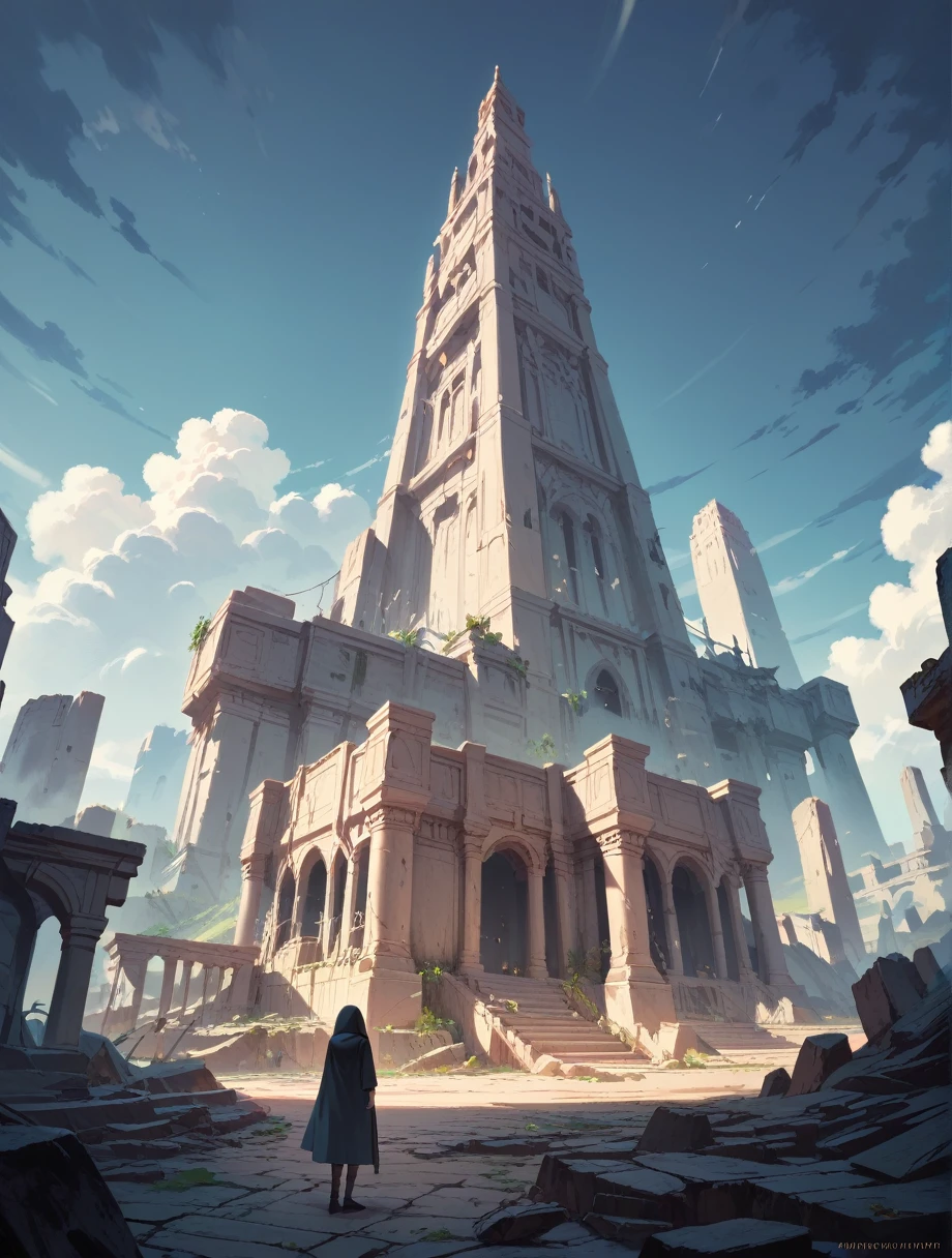 score_9, score_8_up, score_7_up, score_アニメ, masterpiece, best quality, delicate illustration, sharp line, sharp focus, BREAK,Traveler girl wandering in the ruins of endless night, the girl is wearing a hood, a lot of baggage in her backpack., night、City of the Future、Fantastic landscape、Beautiful Landscape、Harmony with Nature