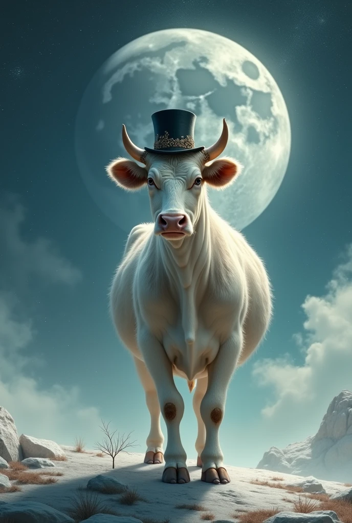 lonely cow, realist, detailed skin, elegant hat on his head, dancing on the moon