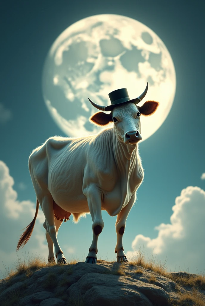 lonely cow, realist, detailed skin, elegant hat on his head, dancing on the moon