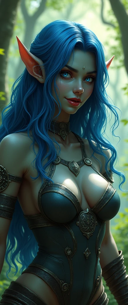 A BEAUTIFUL ORC WOMAN IN THE FOREST, SHE HAS GREY ALMOST BLACK SKIN, SHE WEARS A LOW-CUT ARMOR, MICRO ARMOR, She has a beautiful smile, CAPTIVATING BLUE EYES, RED FULL LIPS, SHE HAS LONG BLUE HAIR