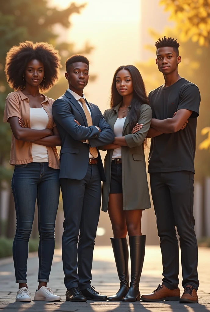 (photorealism:1.2), portrait picture of two black teenage boys and two black teenage girls, standing beside one another, properly dressed, they cross their arms, outdoor, university setting, bright illumination, realistic, intricate details, warm colors.