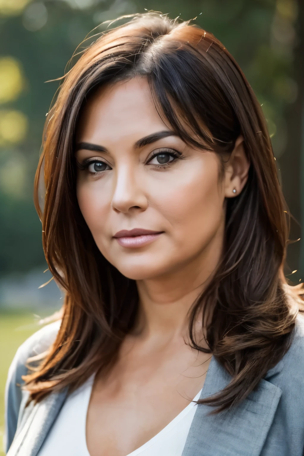 "Create a highly realistic image of an adult woman around 50 years old. She should have a slightly overweight build, with about 5 kg over her ideal weight. Her face should convey a sense of reliability, with kind eyes and a gentle expression. She should not be conventionally beautiful, but instead have a natural and approachable appearance. The background should be simple and not distract from her features."