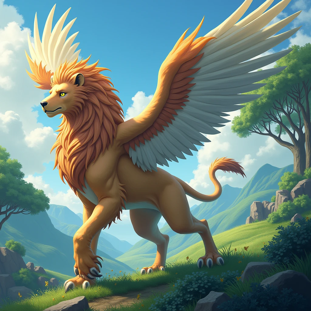 Griffin, by Studio Ghibli Style, Ghibli color, Miyazaki Hayao style, (best quality, masterpiece, photorealistic), very aesthetic, perfect composition, intricate details, ultra-detailed, vivid colors