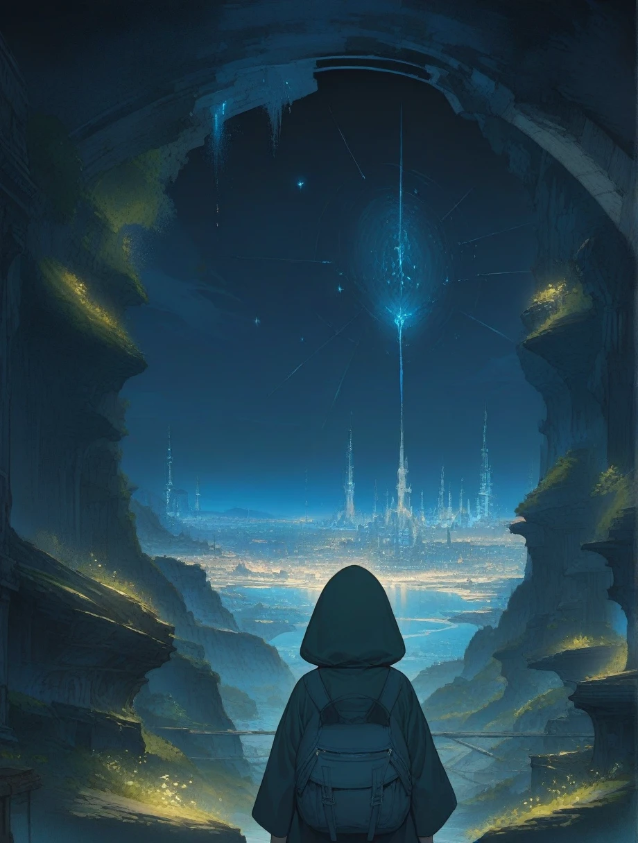 score_9, score_8_up, score_7_up, score_アニメ, masterpiece, best quality, delicate illustration, sharp line, sharp focus, BREAK,Traveler girl wandering in the ruins of endless night, the girl is wearing a hood, a lot of baggage in her backpack., night、City of the Future、Fantastic landscape、Beautiful Landscape、Harmony with Nature