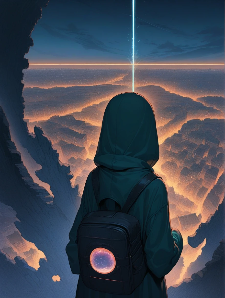 score_9, score_8_up, score_7_up, score_アニメ, masterpiece, best quality, delicate illustration, sharp line, sharp focus, BREAK,Traveler girl wandering in the ruins of endless night, the girl is wearing a hood, a lot of baggage in her backpack., night、City of the Future、Fantastic landscape、Beautiful Landscape、Harmony with Nature