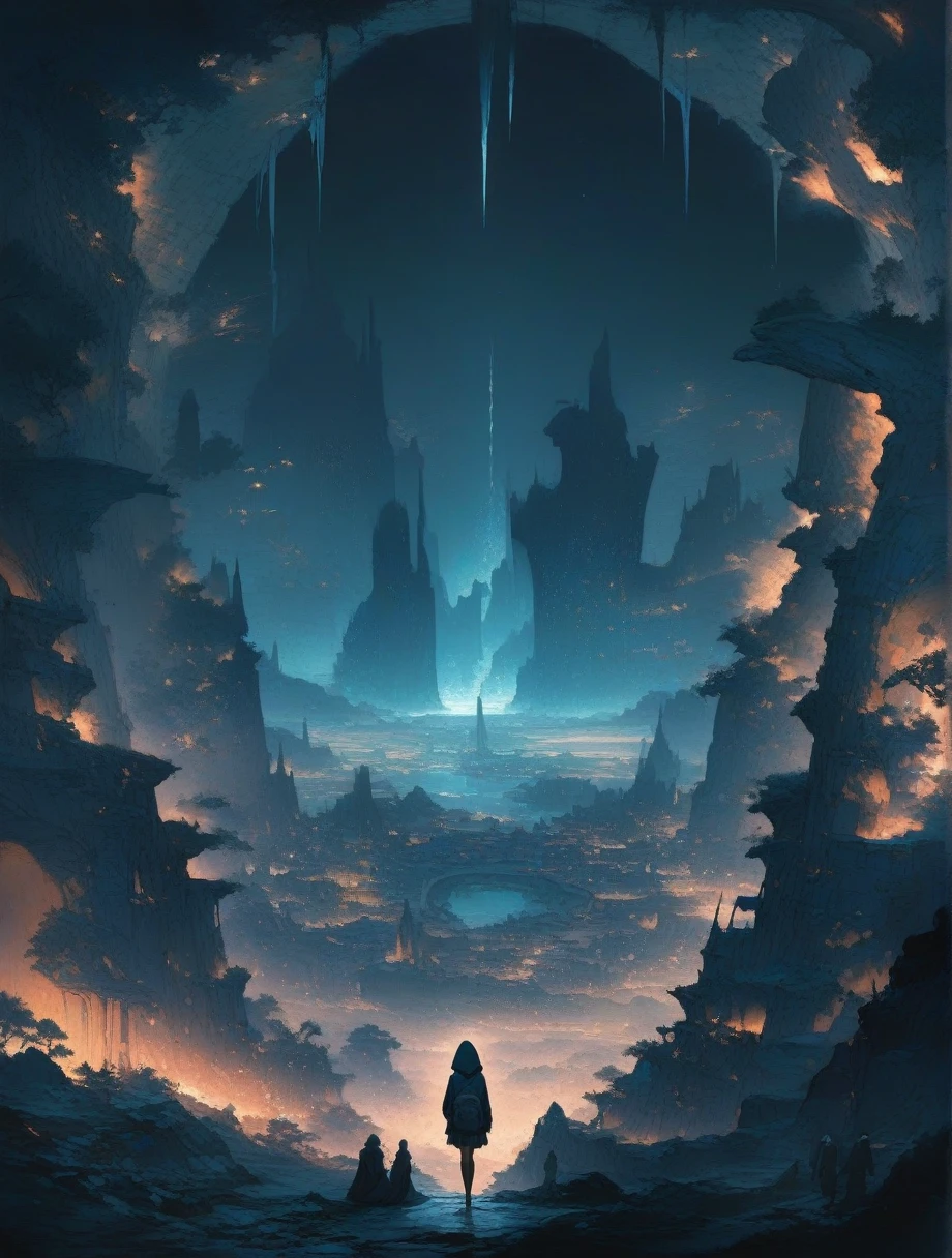 score_9, score_8_up, score_7_up, score_アニメ, masterpiece, best quality, delicate illustration, sharp line, sharp focus, BREAK,Traveler girl wandering in the ruins of endless night, the girl is wearing a hood, a lot of baggage in her backpack., night、City of the Future、Fantastic landscape、Beautiful Landscape、Harmony with Nature