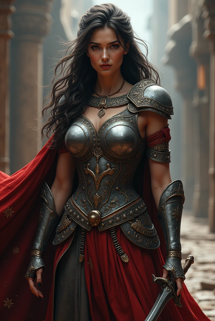 an ancient roman lady in armour, with a sword, in the style of unreal engine 5, dark atmosphere, city portraits, charming illustrations, kushan empire, romantic use of light, blink-and-you-miss-it detail